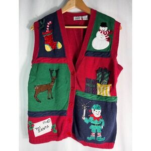 Lucia Ugly Christmas Vest Medium‎ Fair Isle Reindeer Snowman Elf Stocking